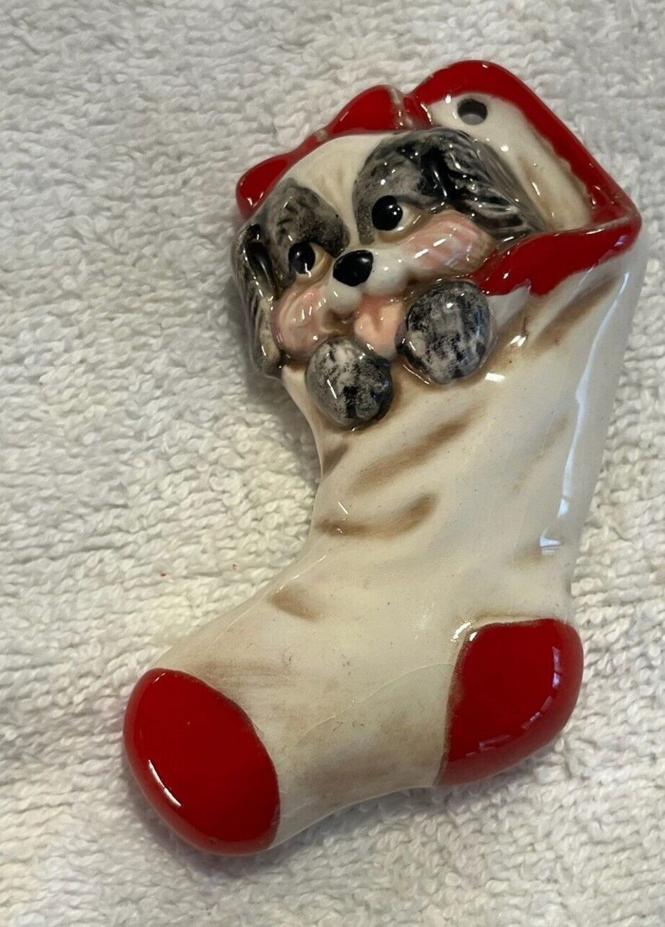 Vintage Dog Puppy Christmas Ornament Red White